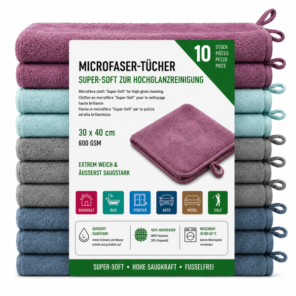 Microfasertücher Super Soft 10er Set 30 x 40 cm, 600 GSM
