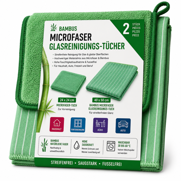 Bambus Microfasertücher Glasreinigung 2er Set 40 x 50 cm