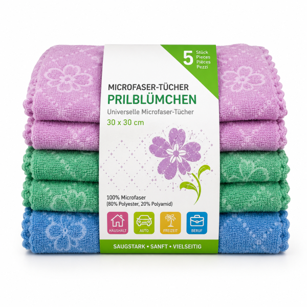 Microfasertücher 5 Stück 30 x 30 cm Prilblümchen für Haushalt & Auto