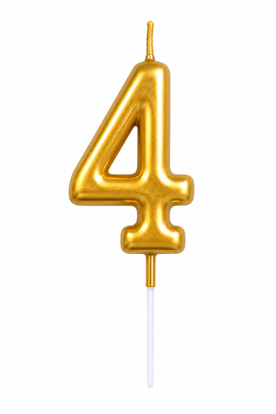 Tortenkerze Zahl "4" Gold mit Picker – Zahlenkerze
