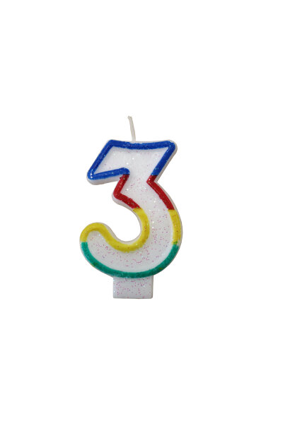 Tortenkerze "3" Bunt glitzernd mit Halter