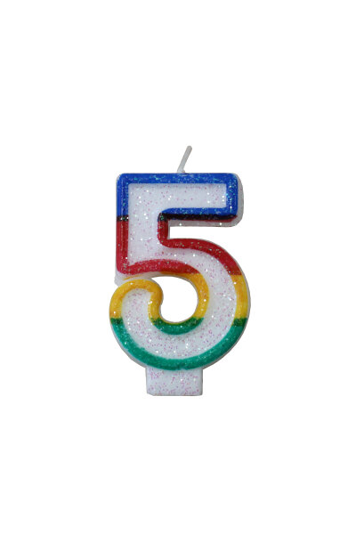 Tortenkerze "5" Bunt glitzernd mit Halter