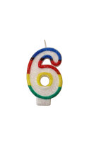 Tortenkerze "6" Bunt glitzernd mit Halter