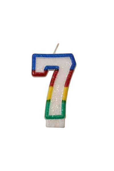 Tortenkerze "7" Bunt glitzernd mit Halter